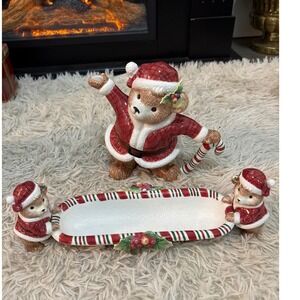 Fitz and Floyd Christmas Peppermint Teddy Bear Tea Pot & Serving Tray Set